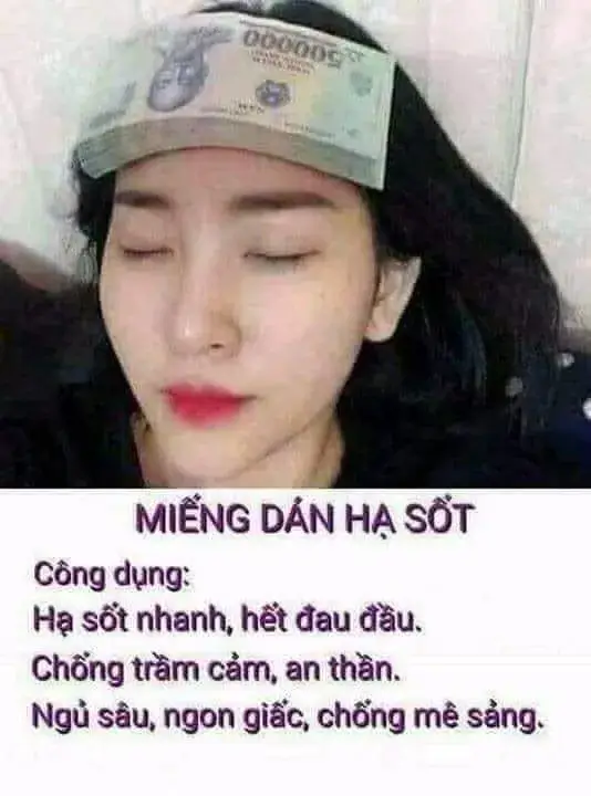 Meme chế miếng dán hạ sốt bằng sấp tiền