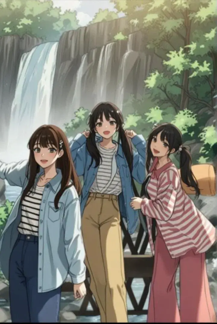 Avatar dàn 3 người cute kiểu anime, biểu cảm tươi sáng dễ mến.