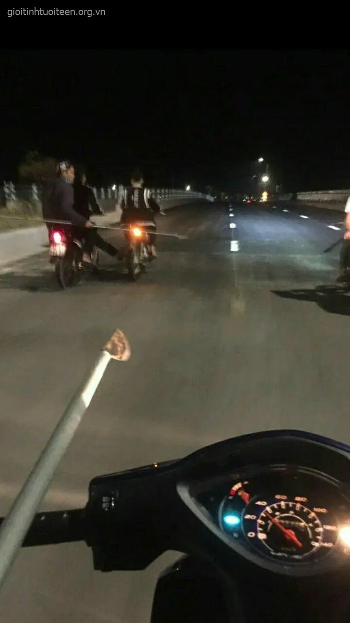 Meme chế cảnh đi xe máy cầm cây phóng lợn.