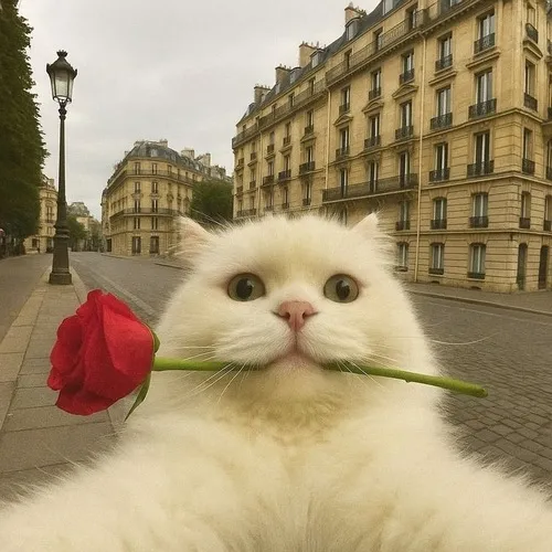 Meme mèo ôm bó hoa hồng tím nhẹ nhàng và đẹp mắt.