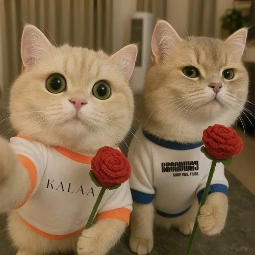 Meme mèo cầm hoa hồng nở to tạo điểm nhấn sáng.