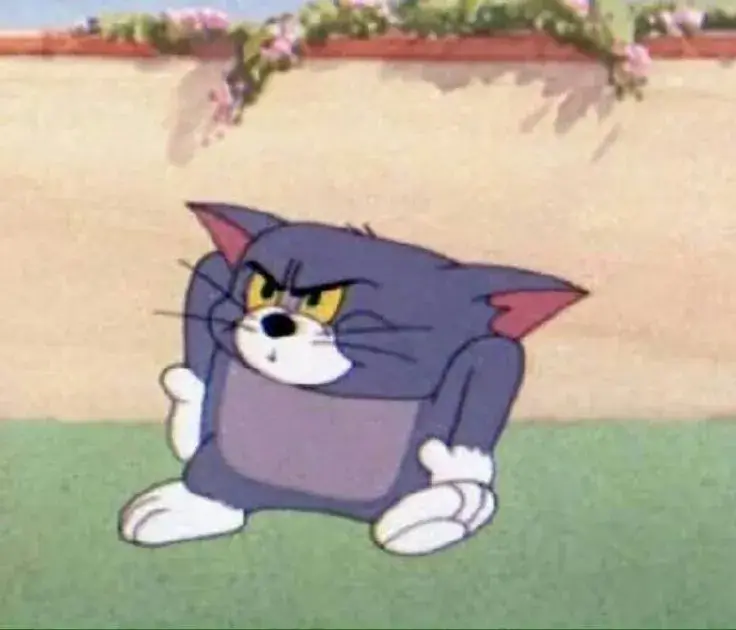 Mèo Tom troll dỗi, môi mím lại.