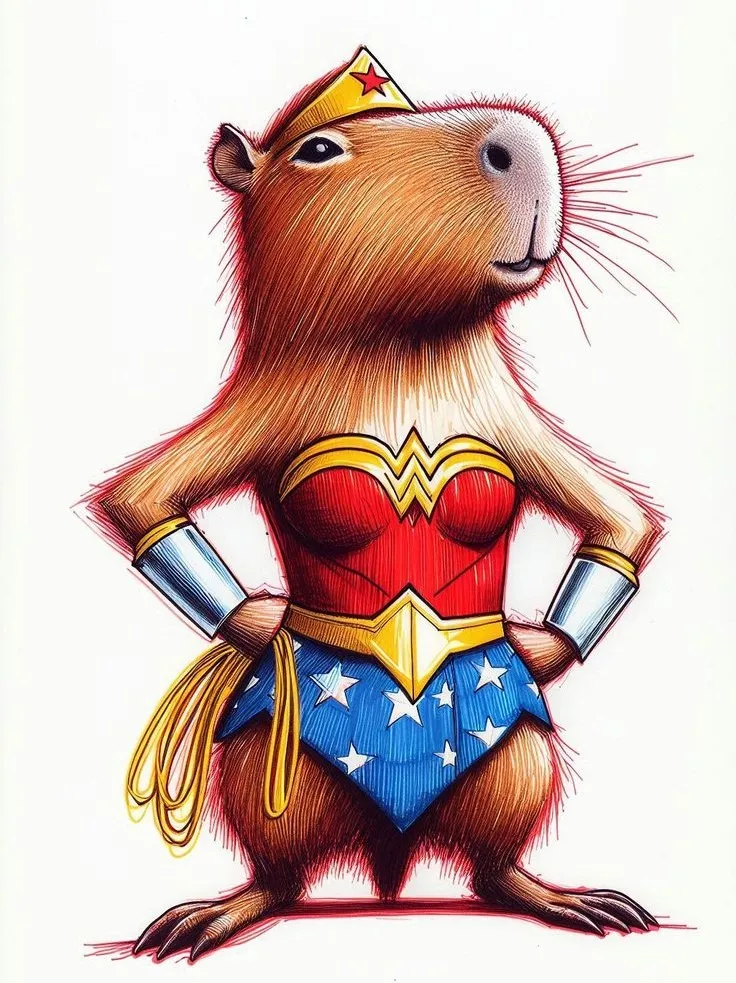 Meme capybara mặc đồ Wonder Woman.
