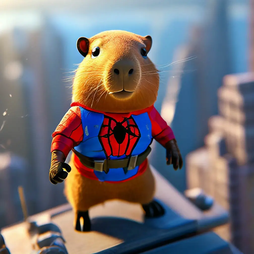 Capybara biến hình Spider-Man leo tường.