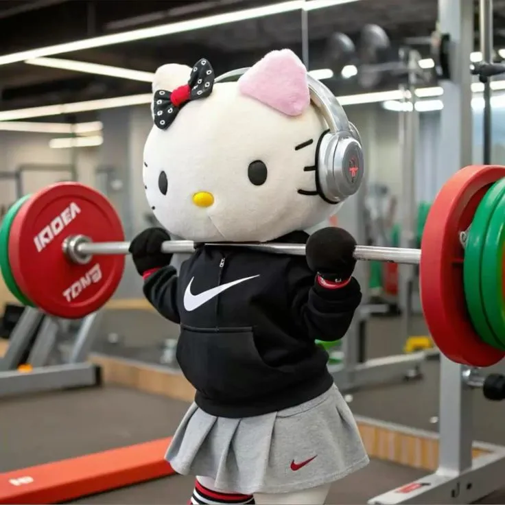 Meme chế vui Hello Kitty cơ bắp ánh mắt lạnh lùng.