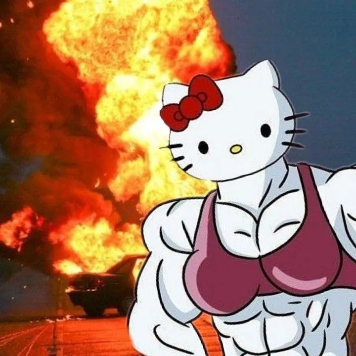 Meme hài Hello Kitty cơ bắp với phong thái tự tin.