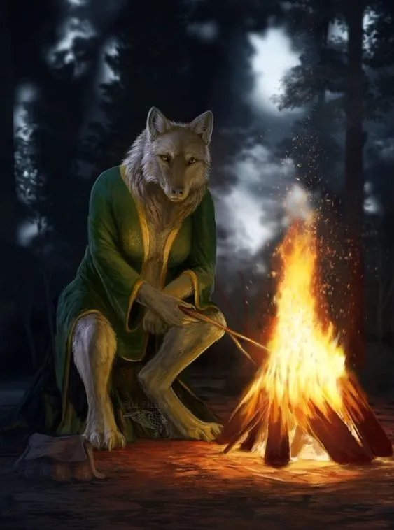 Hình ảnh sói ngầu bên đống lửa, ẩn chứa sự bí hiểm.