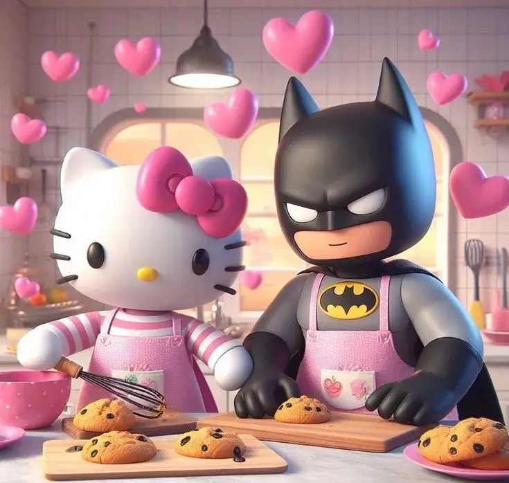 Hình đại diện đôi Kitty và Batman yêu thương ấm áp.