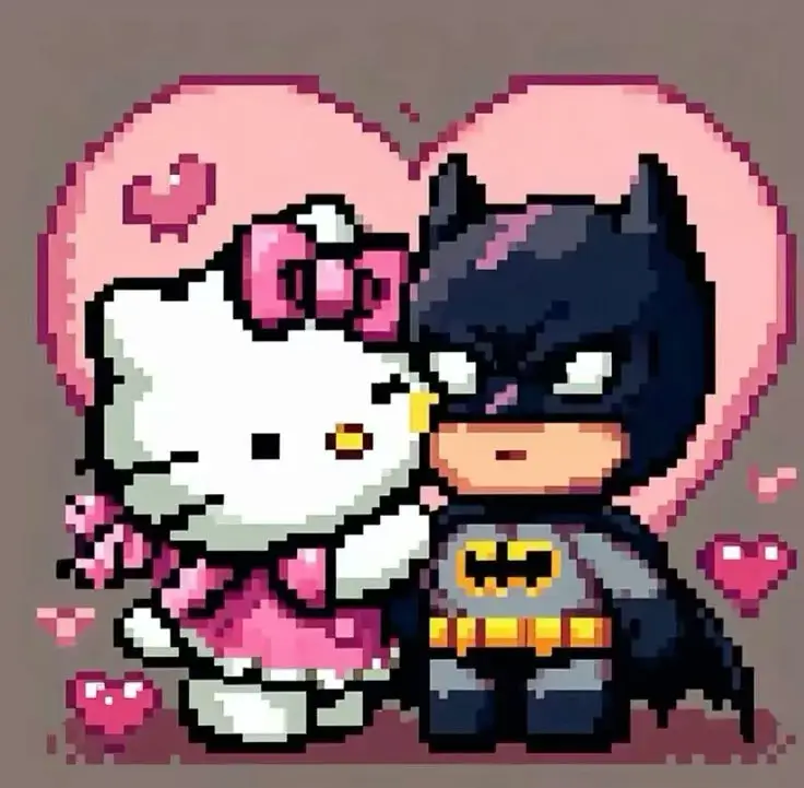 Avatar pixel đôi mèo hồng với Batman ấm áp đáng mến.