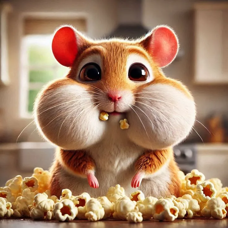 Hình chú chuột đang ăn bắp rang bơ