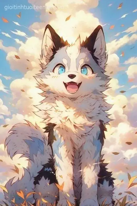 Hình nền chó phong cách anime lạnh lùng đứng giữa thành phố.