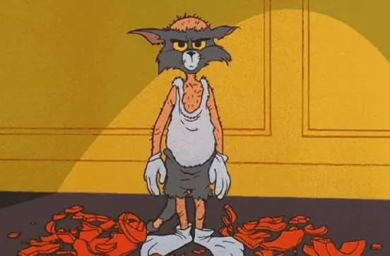 Mèo Tom cáu gắt, miệng mím môi.