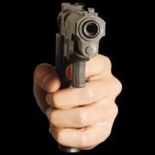 Ảnh chế chỉa súng mang biểu cảm căng thẳng giả.