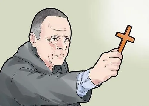 Hình cha xứ cầm thánh giá biểu cảm cực hoảng loạn