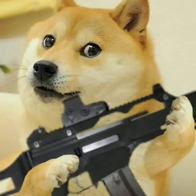 Meme Doge cầm súng trong dáng vẻ bá đạo.