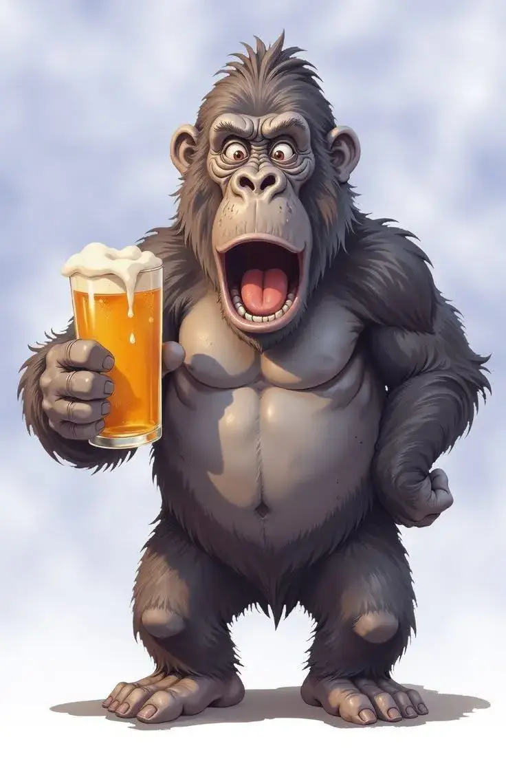 Hình ảnh khỉ đột uống bia, biểu cảm tinh nghịch siêu đáng yêu.