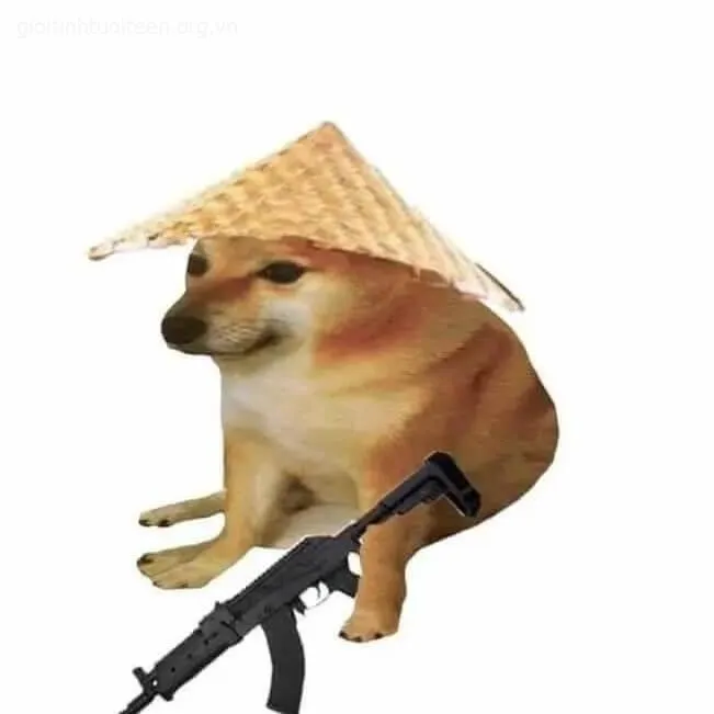Meme Shiba ôm khẩu súng lớn, ánh mắt đầy lầy lội.