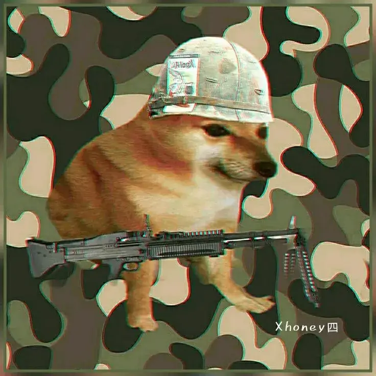 Hình Cheems cầm súng trường với gương mặt troll.