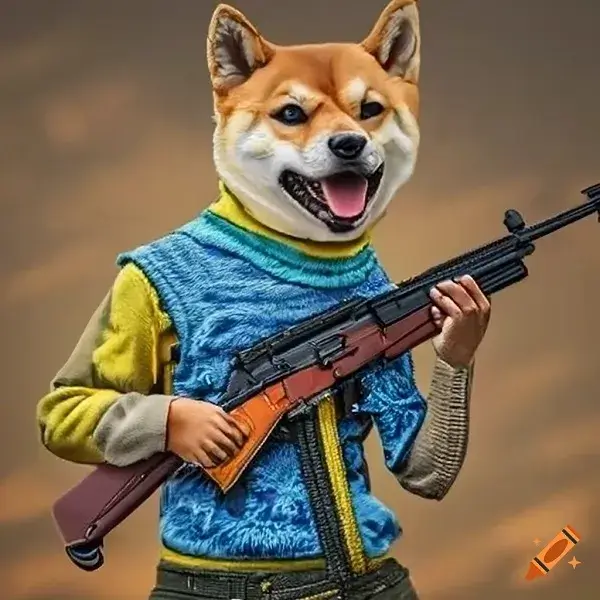 Meme Doge cầm súng tiểu liên trông vừa ngầu vừa bựa.