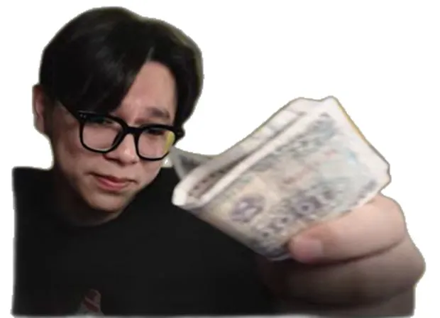 Hình chế vui thanh niên cầm xấp tiền dày.