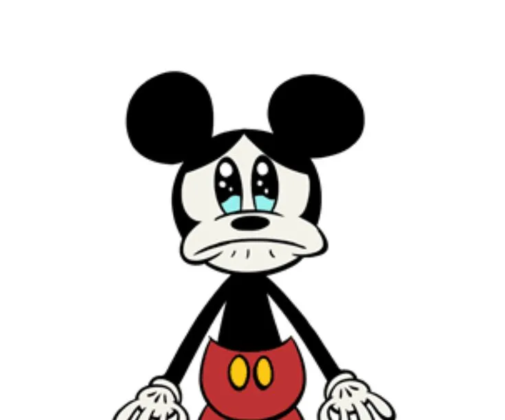 Meme chuột Mickey khóc hết nước mắt, đôi mắt sưng húp.