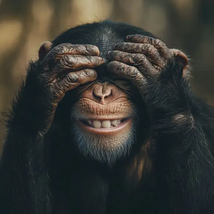 Khỉ đen ôm đầu che mặt ngại ngùng