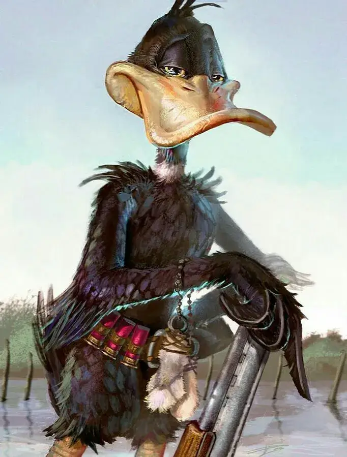 Meme vịt nhỏ cầm súng với ánh mắt hài.