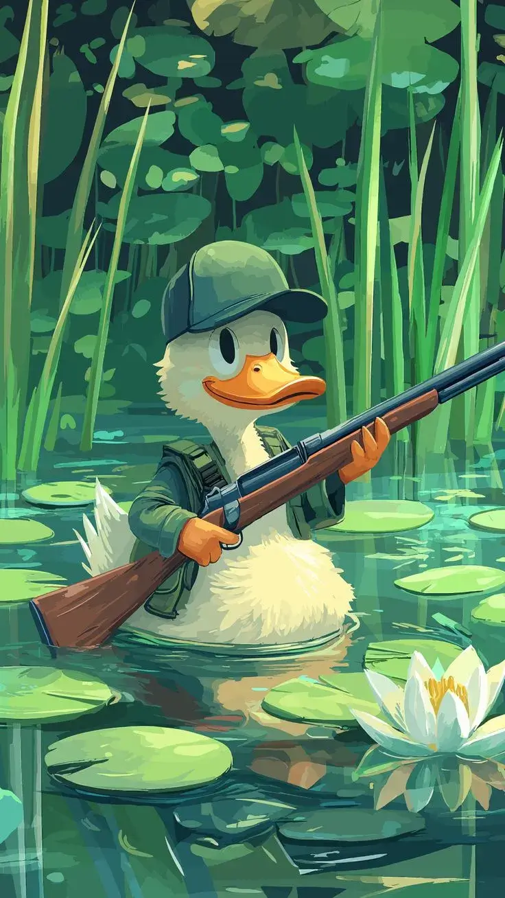 Hình chú vịt cầm súng trông cực kỳ buồn cười.