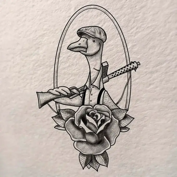 Meme con vịt cầm súng biểu cảm hung hãn giả.