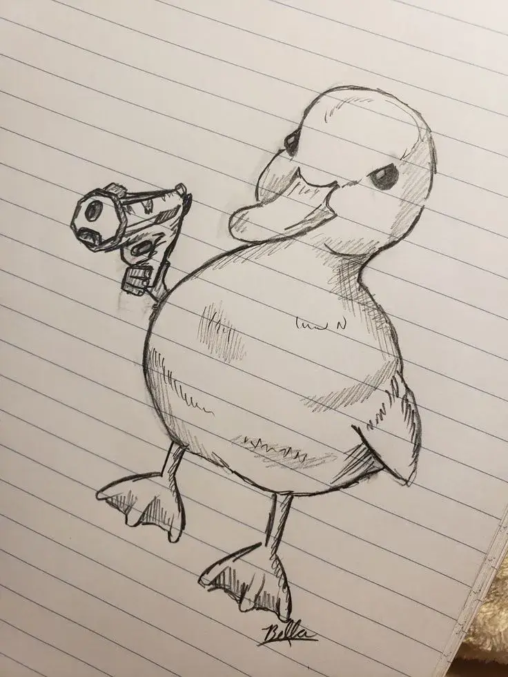 Hình vẽ chú vịt cầm súng đáng yêu nhưng ngầu.