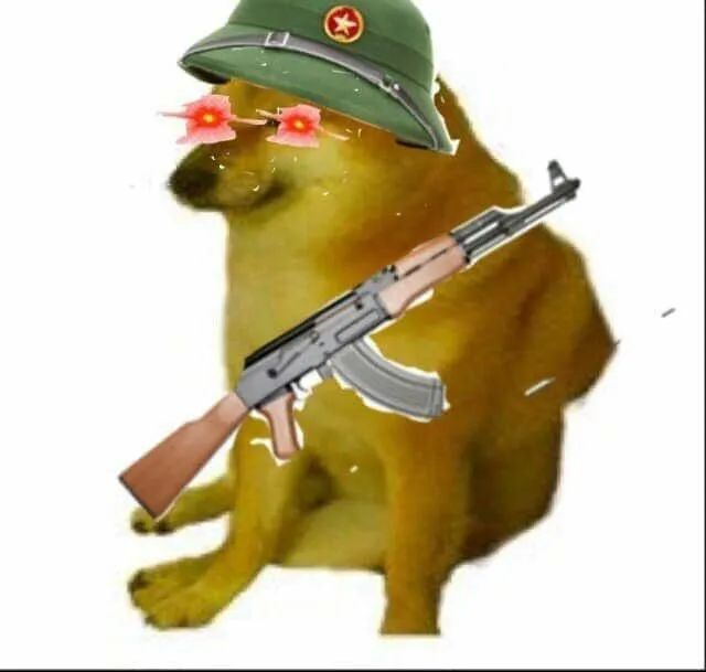 Meme Cheems đội mũ cối, cầm AK với ánh mắt troll.