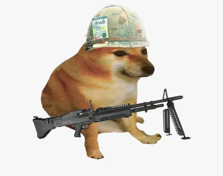 Meme chó Shiba cầm súng trông bựa không chịu.