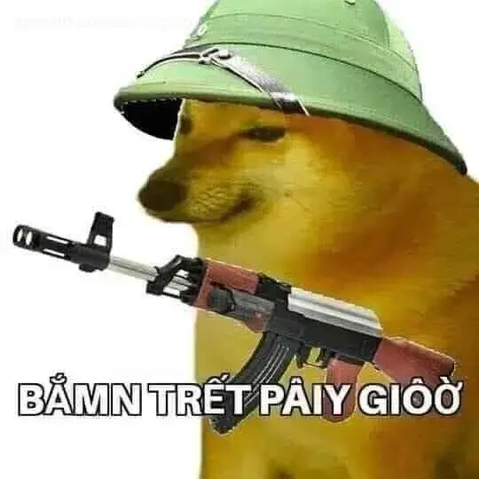 Meme chó Shiba đội mũ cối, cầm AK với ánh mắt troll.