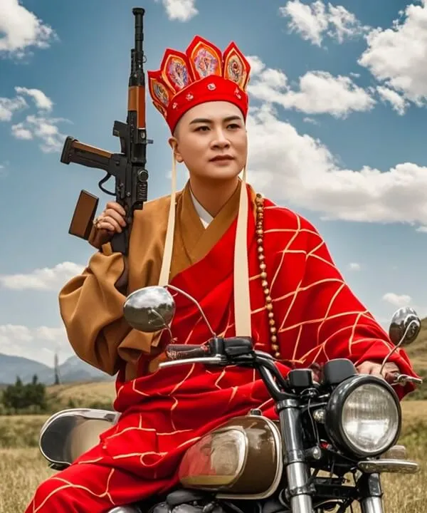 Ảnh hài Đường Tăng cưỡi xe máy cầm tiểu liên