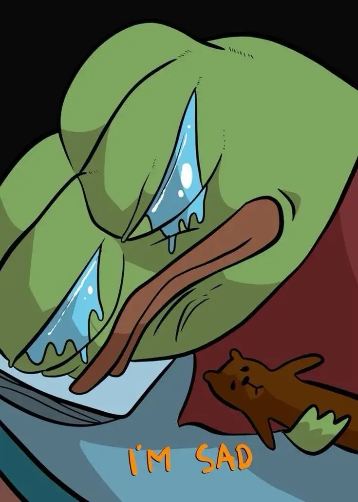 Meme Sad Pepe khóc lặng lẽ, ánh mắt xa xăm.