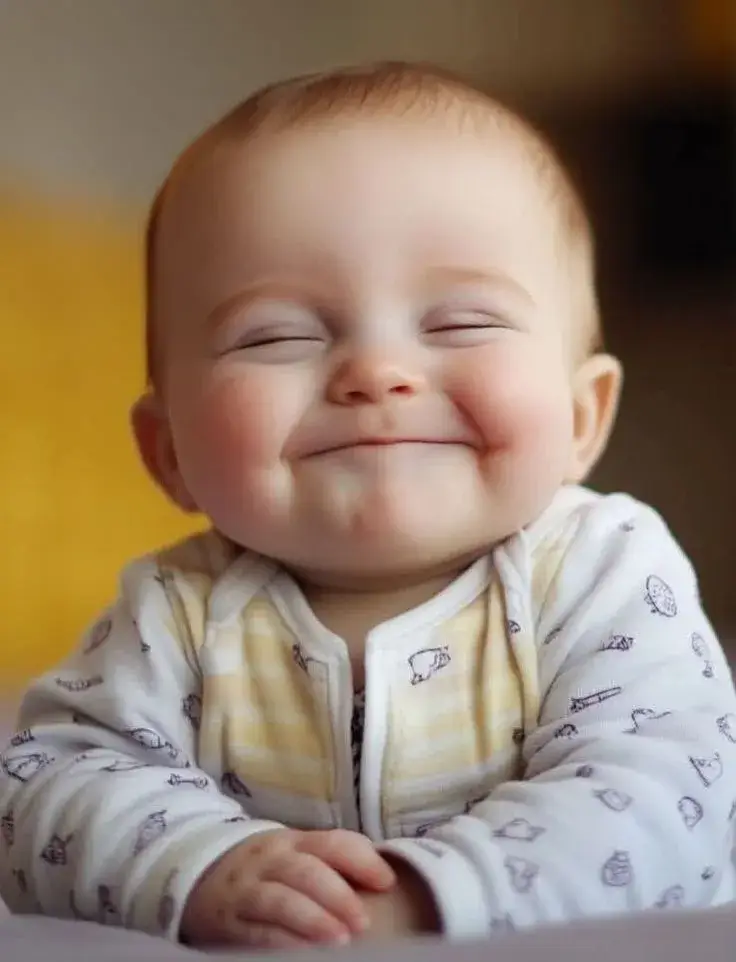 Gương mặt cháu bé trai cười hóm hỉnh siêu vui.