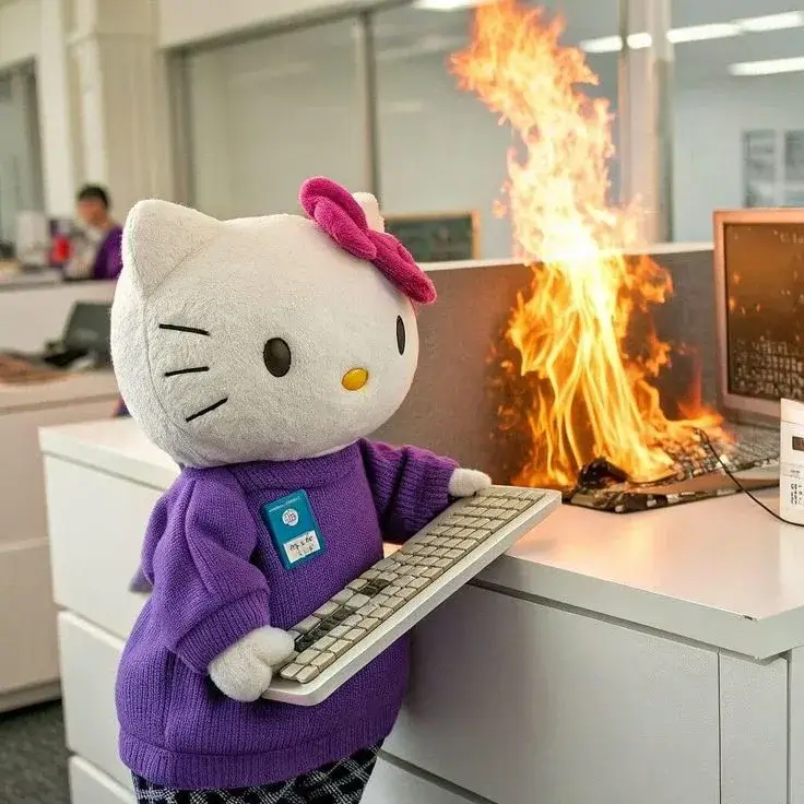 Meme Hello Kitty bực bội đốt máy tính