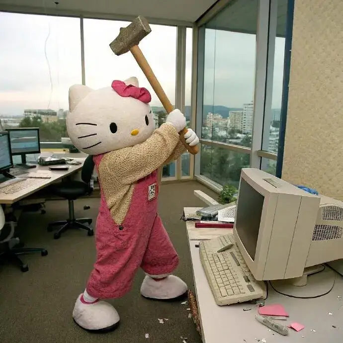 Meme Hello Kitty cầm búa đập máy tính