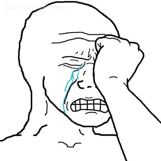 Meme khóc đau khổ với đôi mắt chan chứa nước mắt.