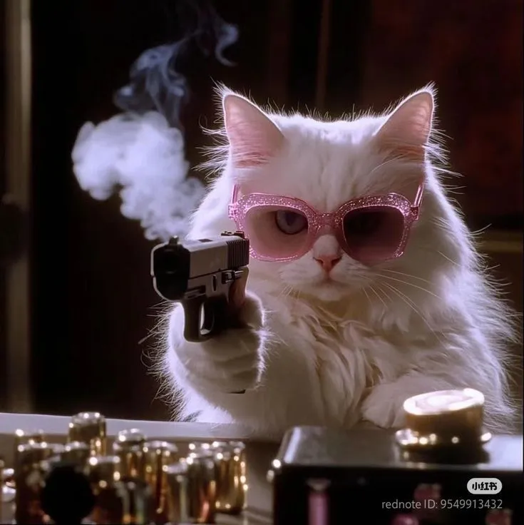 Meme mèo cầm súng lục gương mặt căng thẳng đầy sát khí