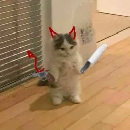 Mèo dữ dằn cầm dao, ánh mắt tràn sự thách thức.