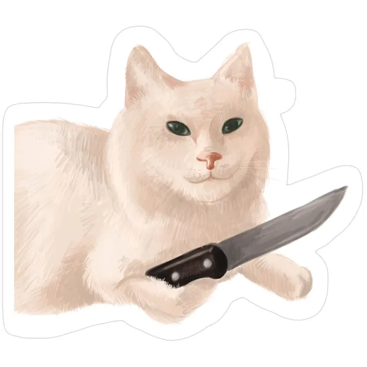 Mèo trắng cau có hung hăng, tay siết chặt con dao.