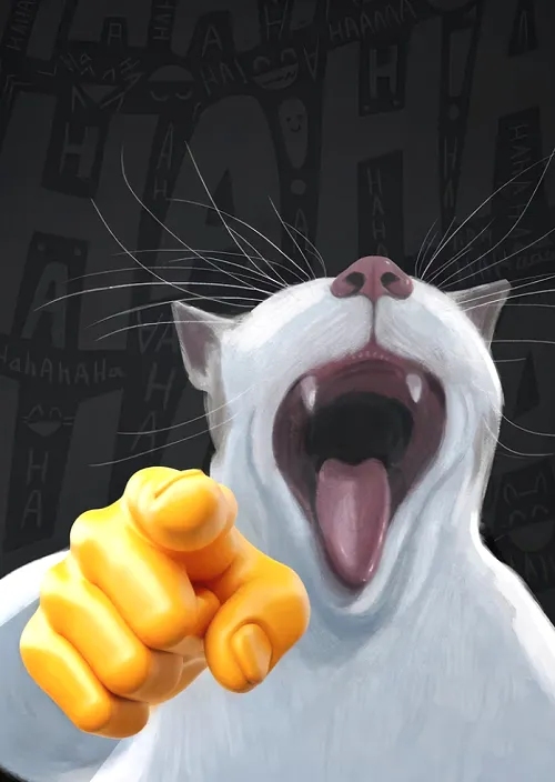 Meme mèo cười chỉ tay màn hình cực kỳ hài hước