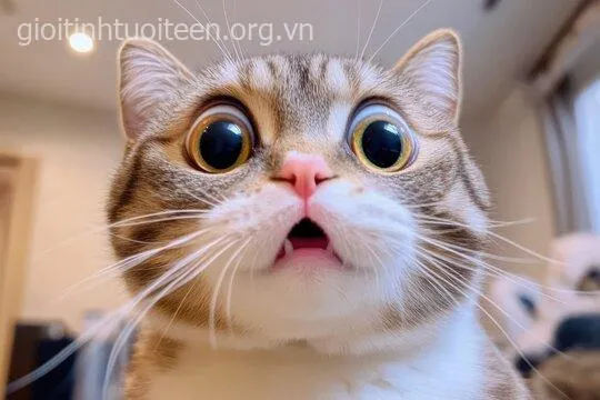 Hình mèo sợ hãi, ánh mắt hoảng hốt nhưng lại siêu dễ thương