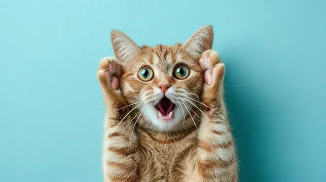 Mèo ôm đầu hoang mang, ánh mắt nhìn ngơ ngác.