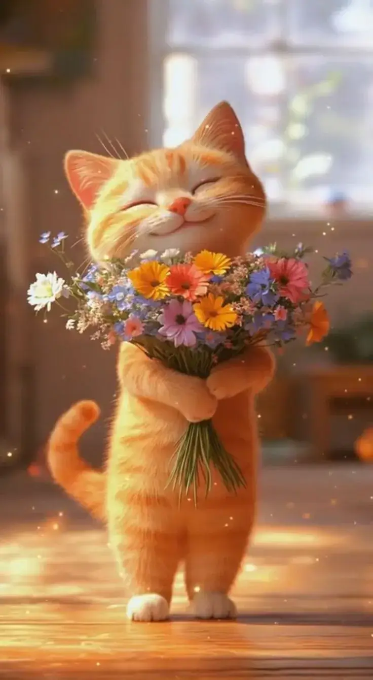 Chú mèo mang hoa, nụ cười lém lỉnh tinh nghịch.