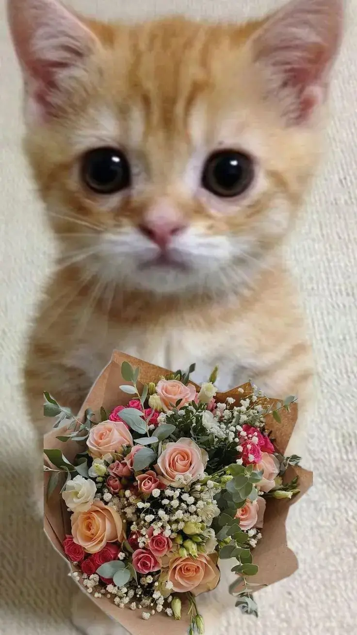 Hình mèo trao bó hoa với vẻ mặt cute ngốc nghếch.