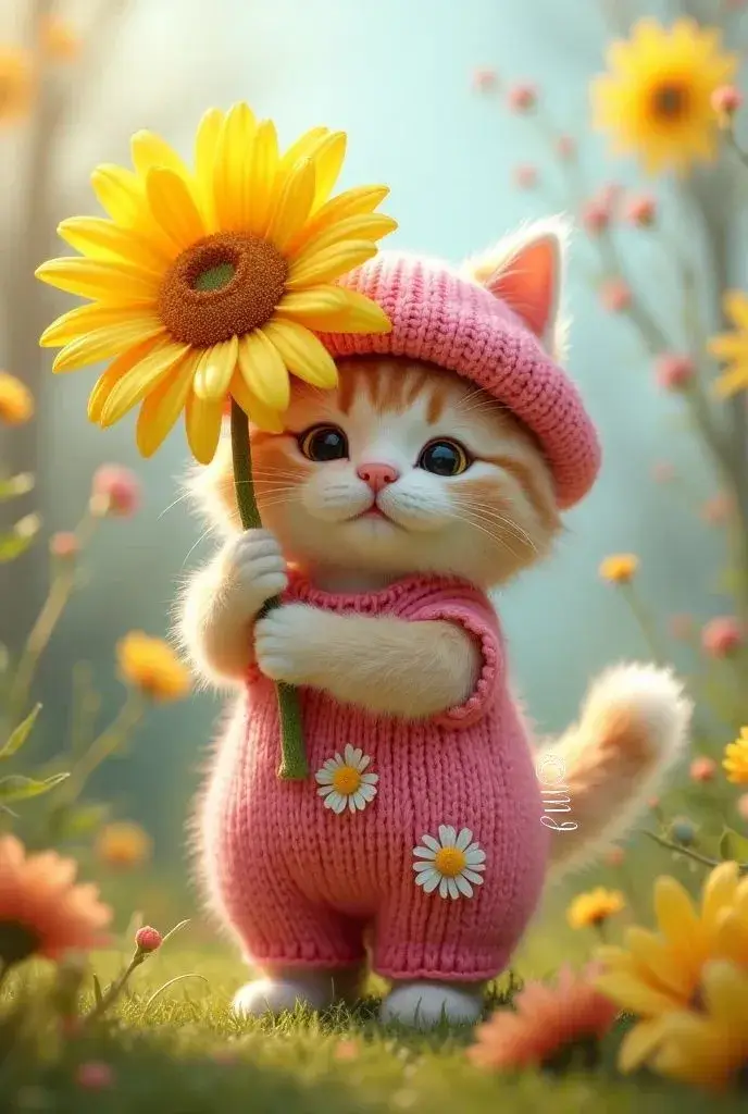 Chú mèo ôm hoa hướng dương, biểu cảm ngại ngùng siêu dễ thương.