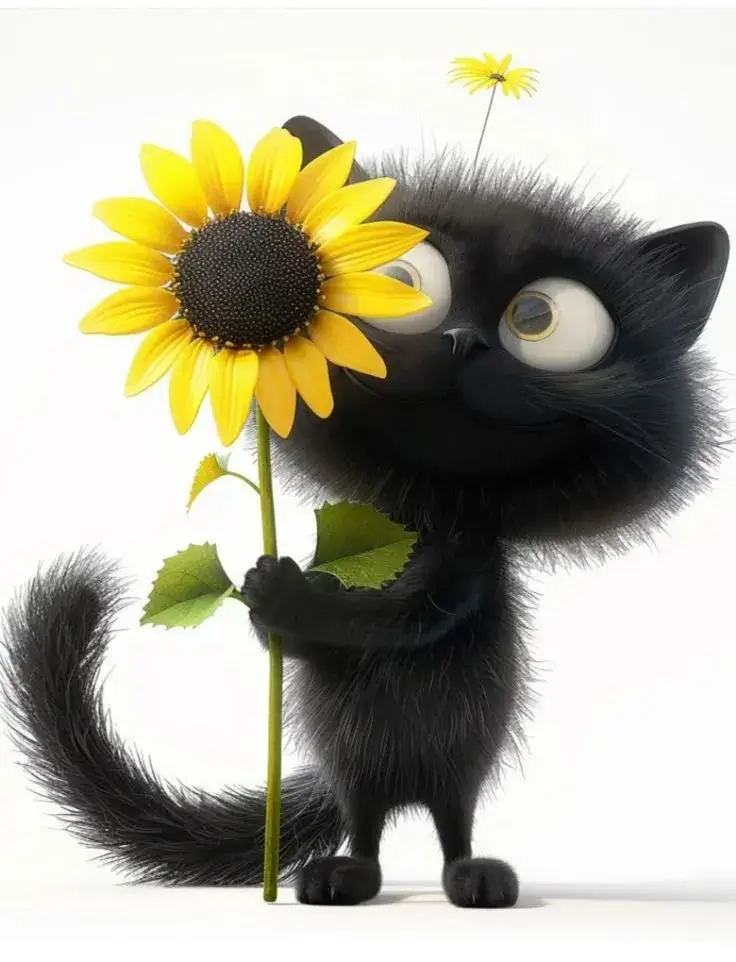 Meme mèo ôm bó hoa, khuôn mặt hài hước.