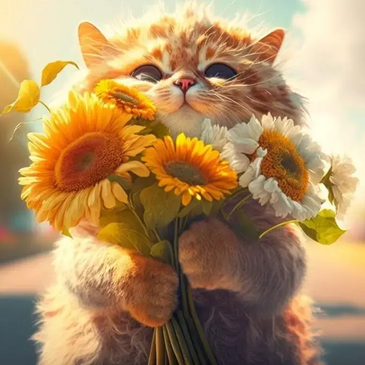 Ảnh mèo tặng hoa, ánh mắt trìu mến đáng yêu.